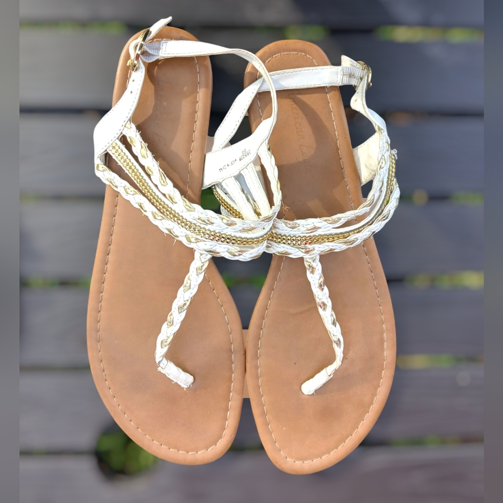 White & Gold Braided Strap Sandals